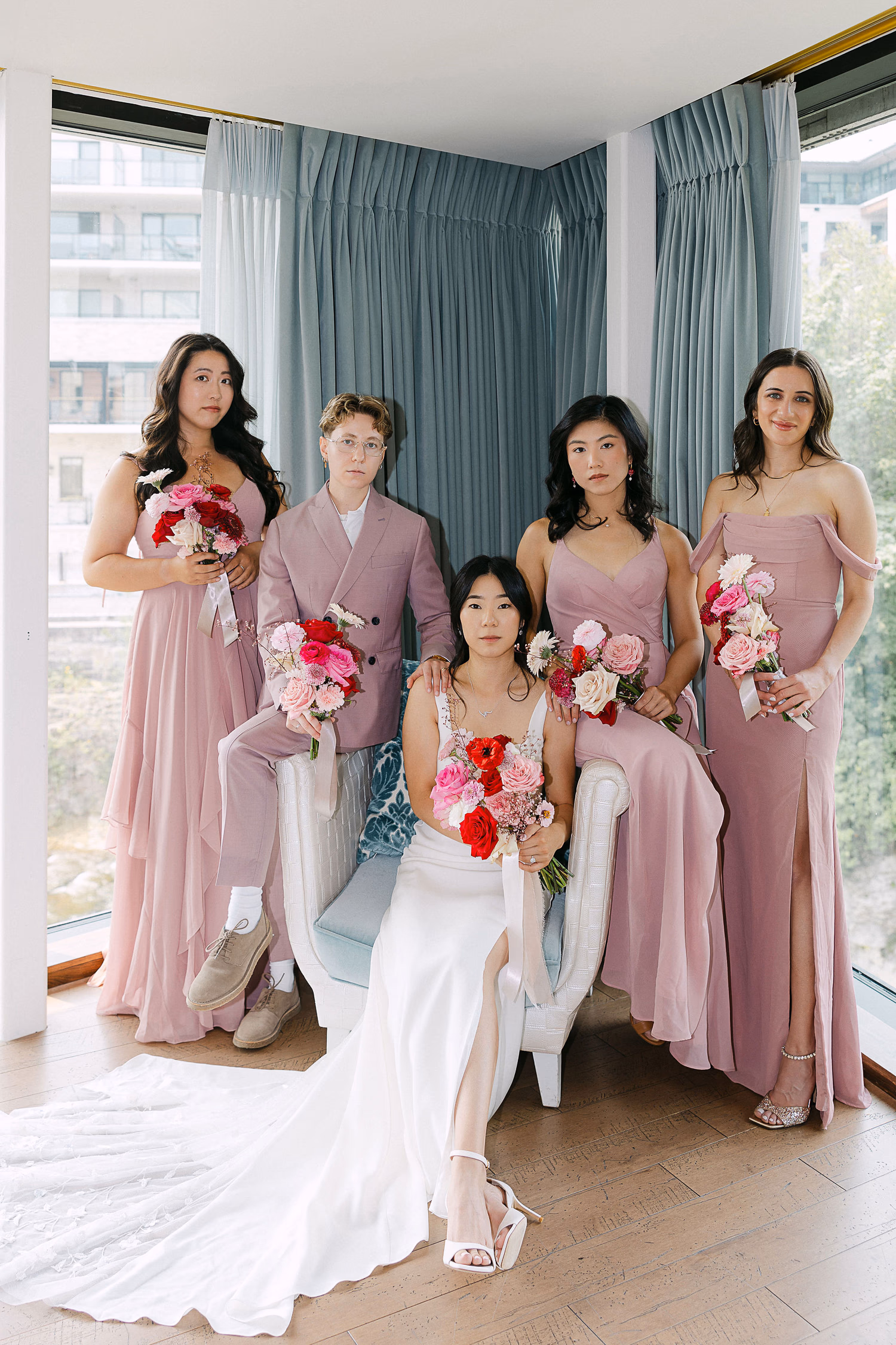 Fashion-inspired bridal party portrait at Elora Mills