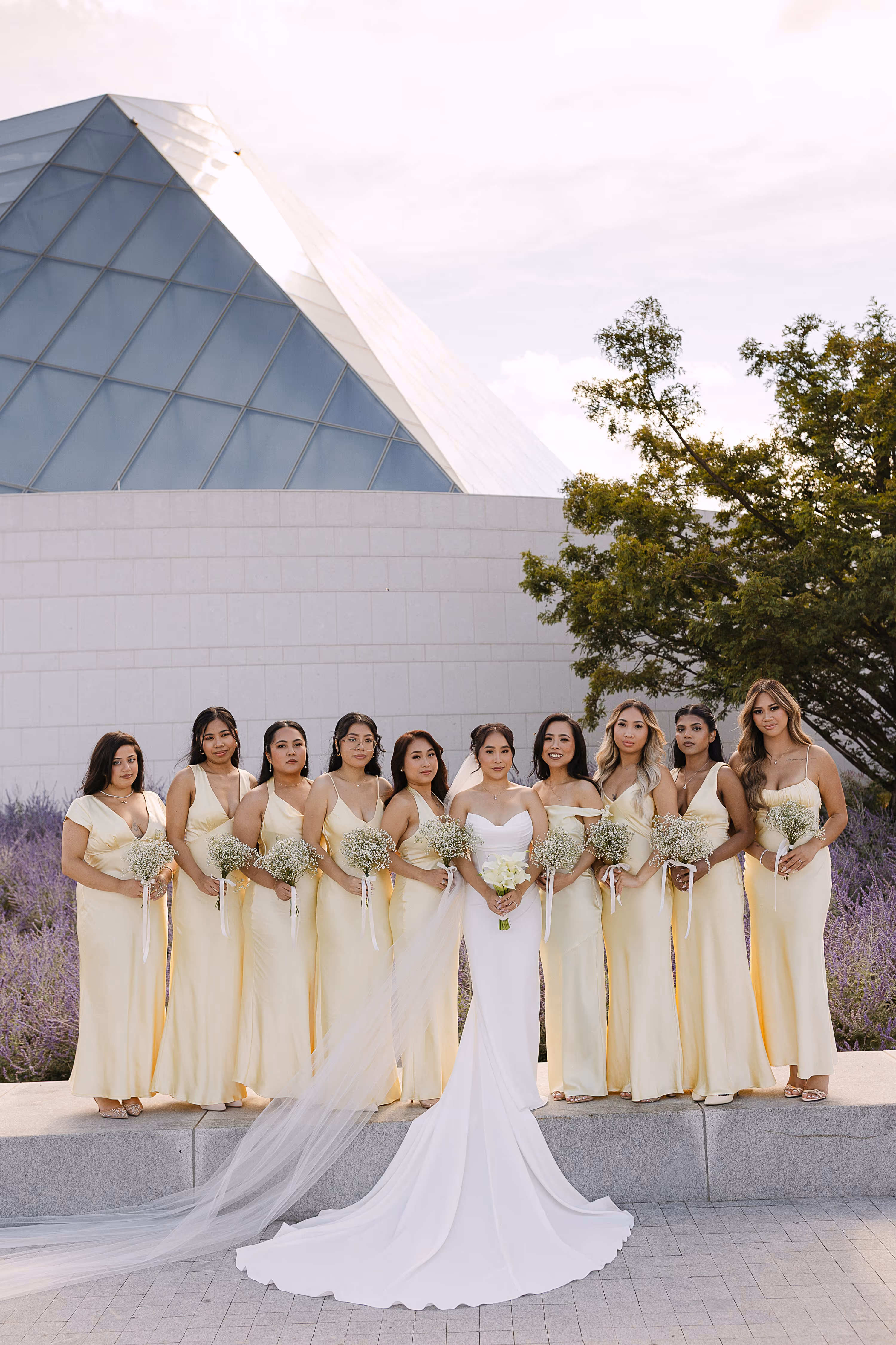 Bride and groom at Aga Khan Museum reflecting pools
