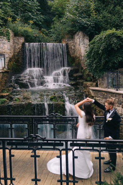 ancaster mill wedding couple near the waterfall