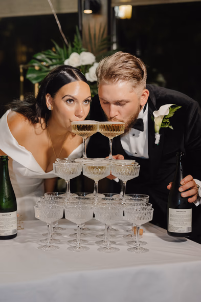Bride groom champagne tower Ancaster Mill