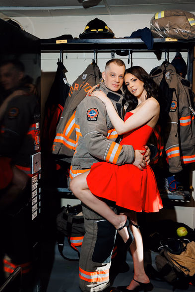 fashion engagement photos at fire station