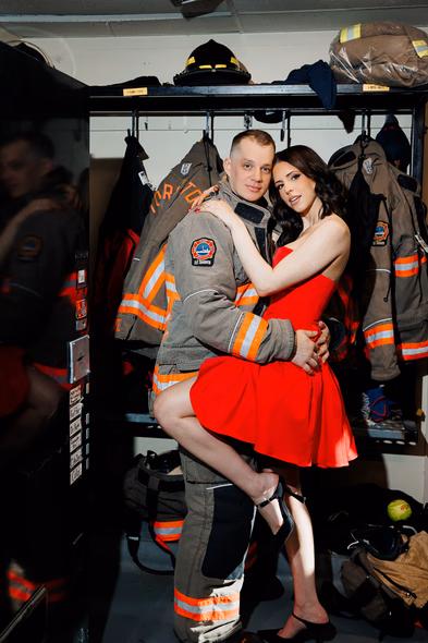fashion engagement photos at fire station