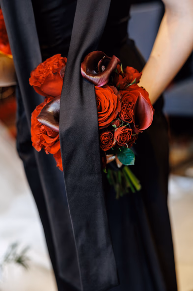Wedding bouquet with red roses at George Restaurant Toronto
