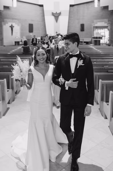 bride and groom at church