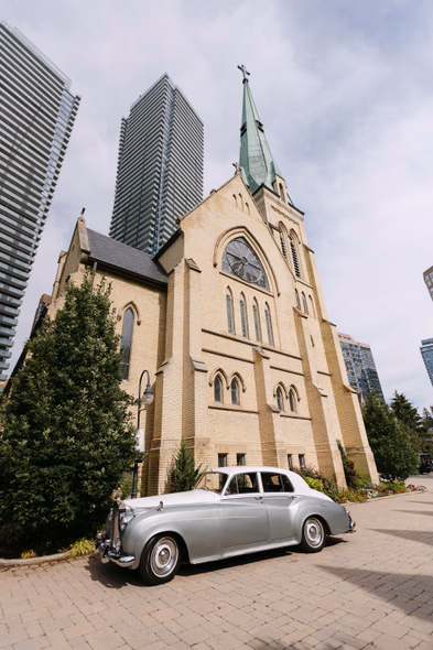 bride arriving at St. Basil’s Catholic Parish