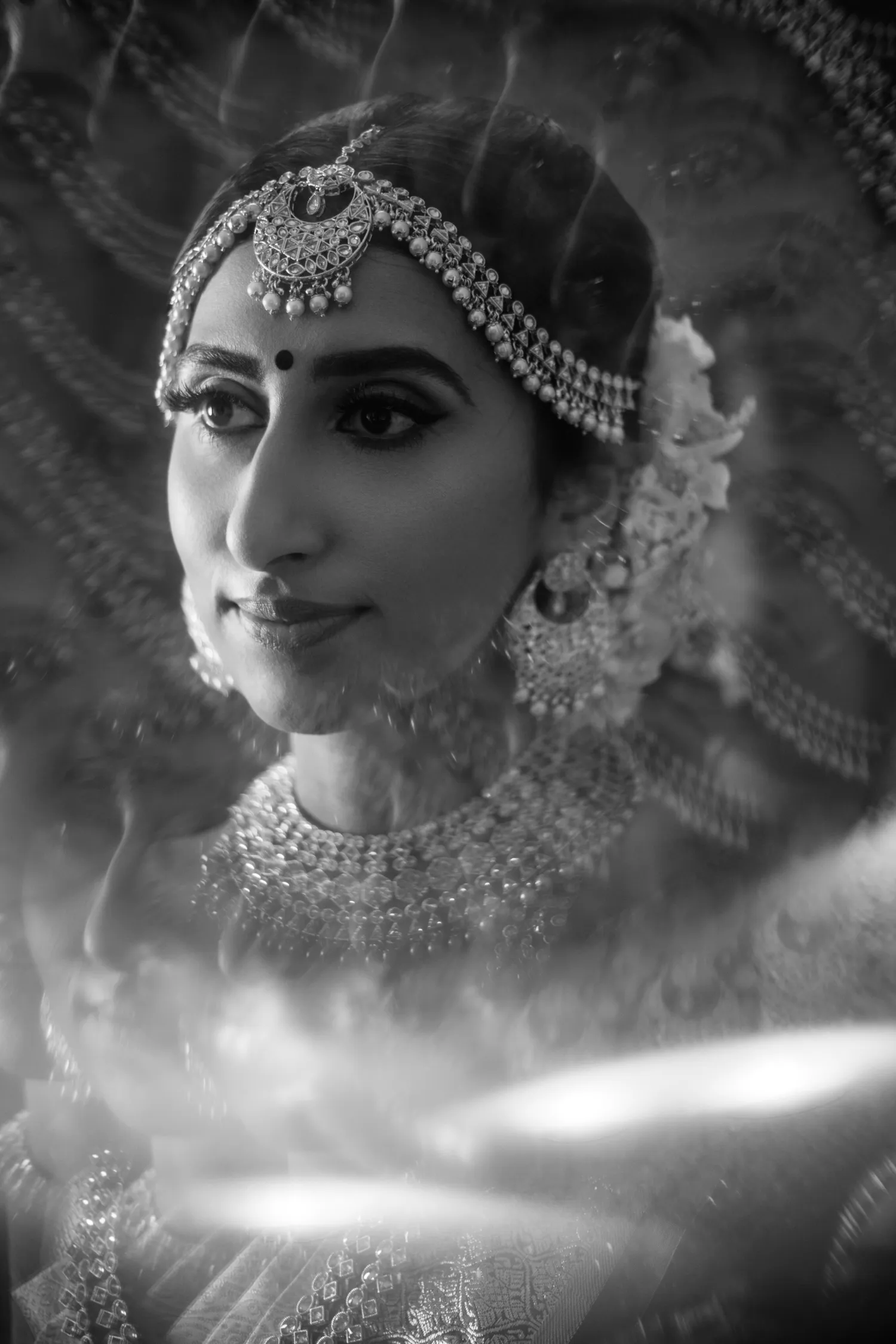 Double exposure bridal portrait with jewelry before Tamil Hindu wedding in Toronto