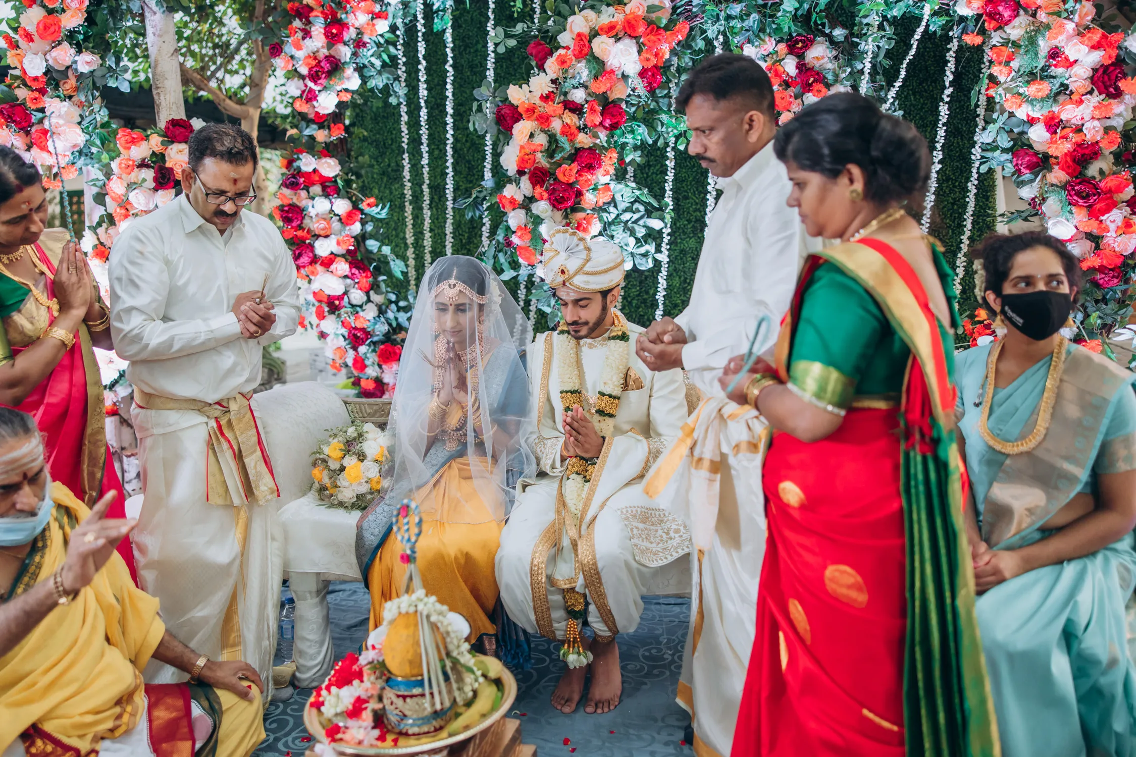 Tamil wedding ceremony under floral mandap at Madison Garden wedding Toronto