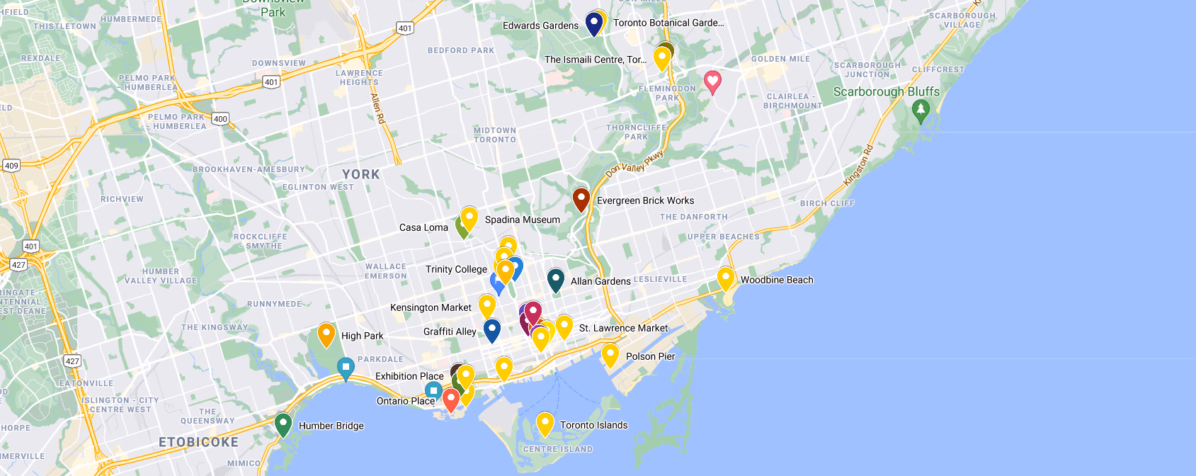 Map showing locations for engagement photoshoot in Toronto