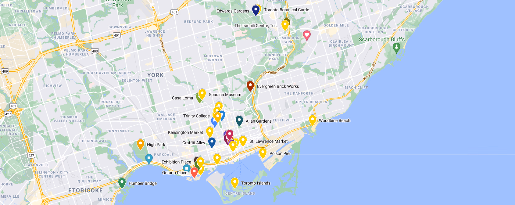 Map showing locations for engagement photoshoot in Toronto