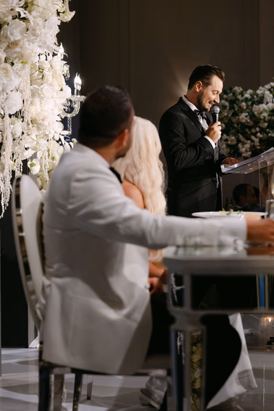 white floral centerpieces at The Arlington Estate wedding reception Vaughan — Astora Studio