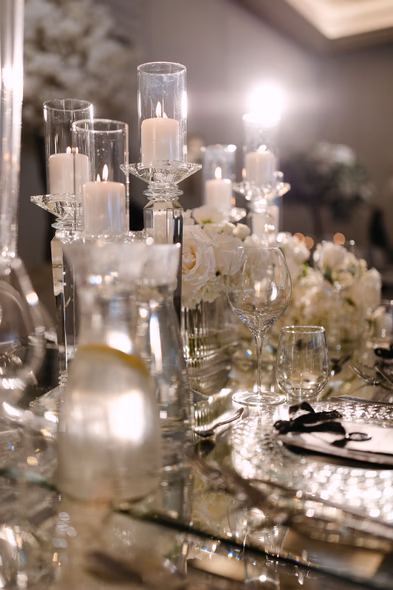 tall white floral arrangements at The Arlington Estate wedding reception Vaughan — Astora Studio