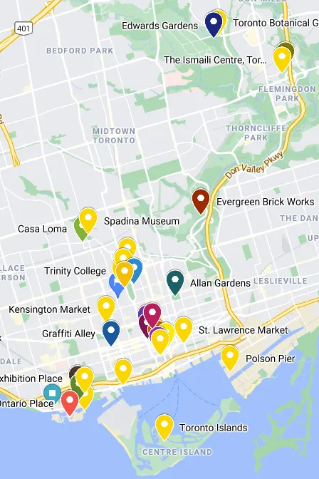 Map showing various engagement photo locations in Toronto and GTA