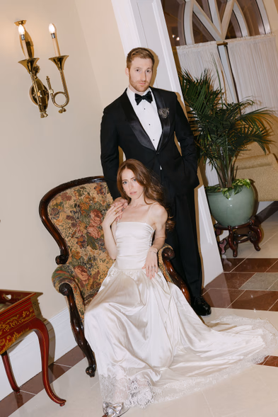 editorial bride and groom portrait classic interior Queen’s Landing hotel