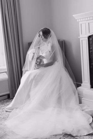 black and white bridal portrait with veil indoors Queen’s Landing hotel wedding photographer