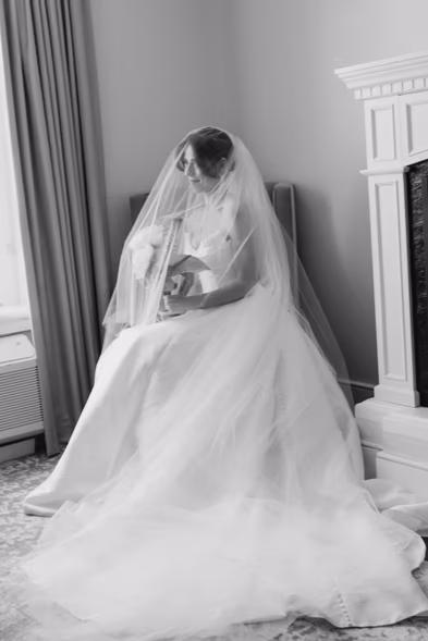 black and white bridal portrait with veil indoors Queen’s Landing hotel wedding photographer