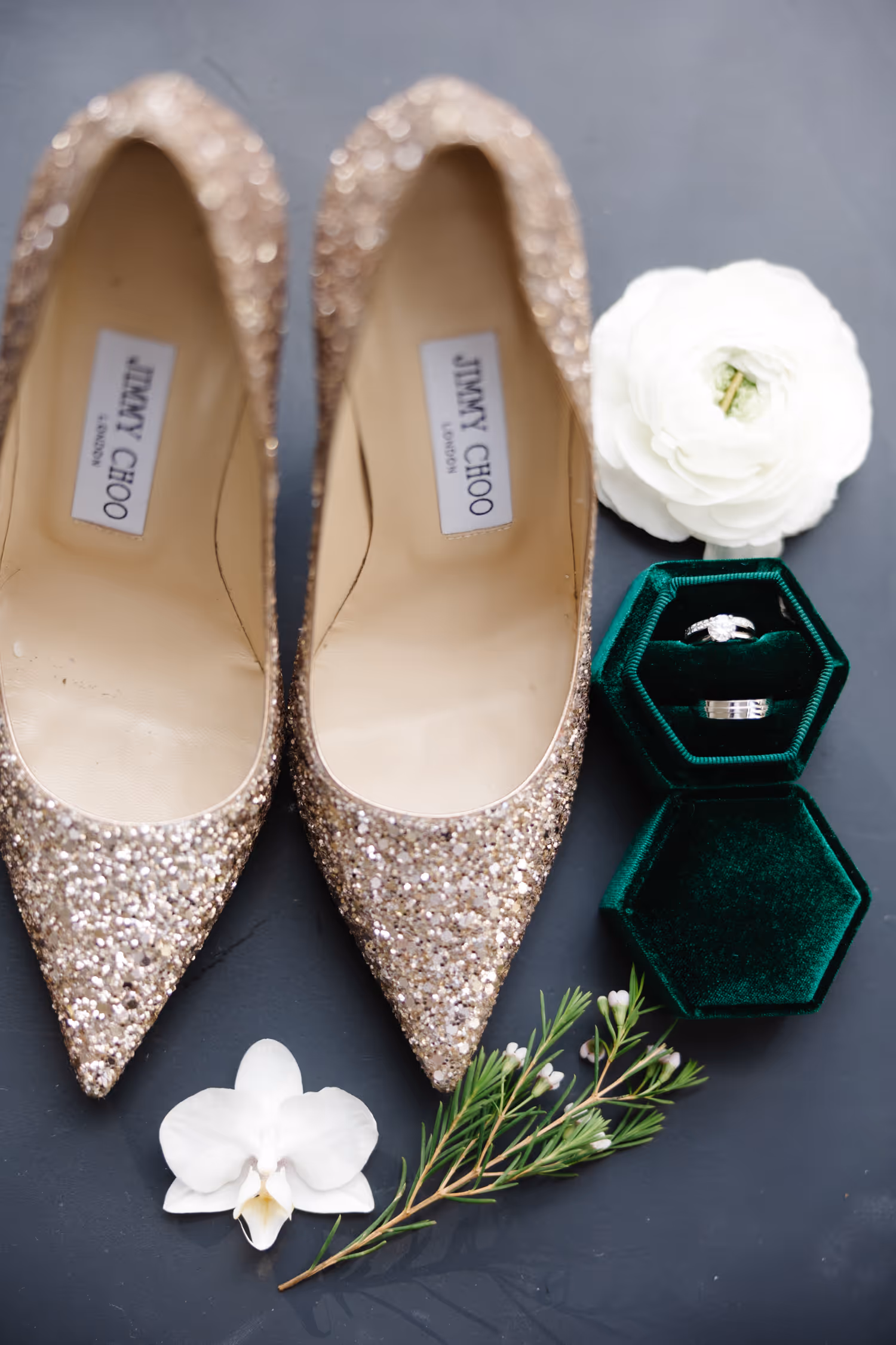 Sparkly wedding heels with white flower
