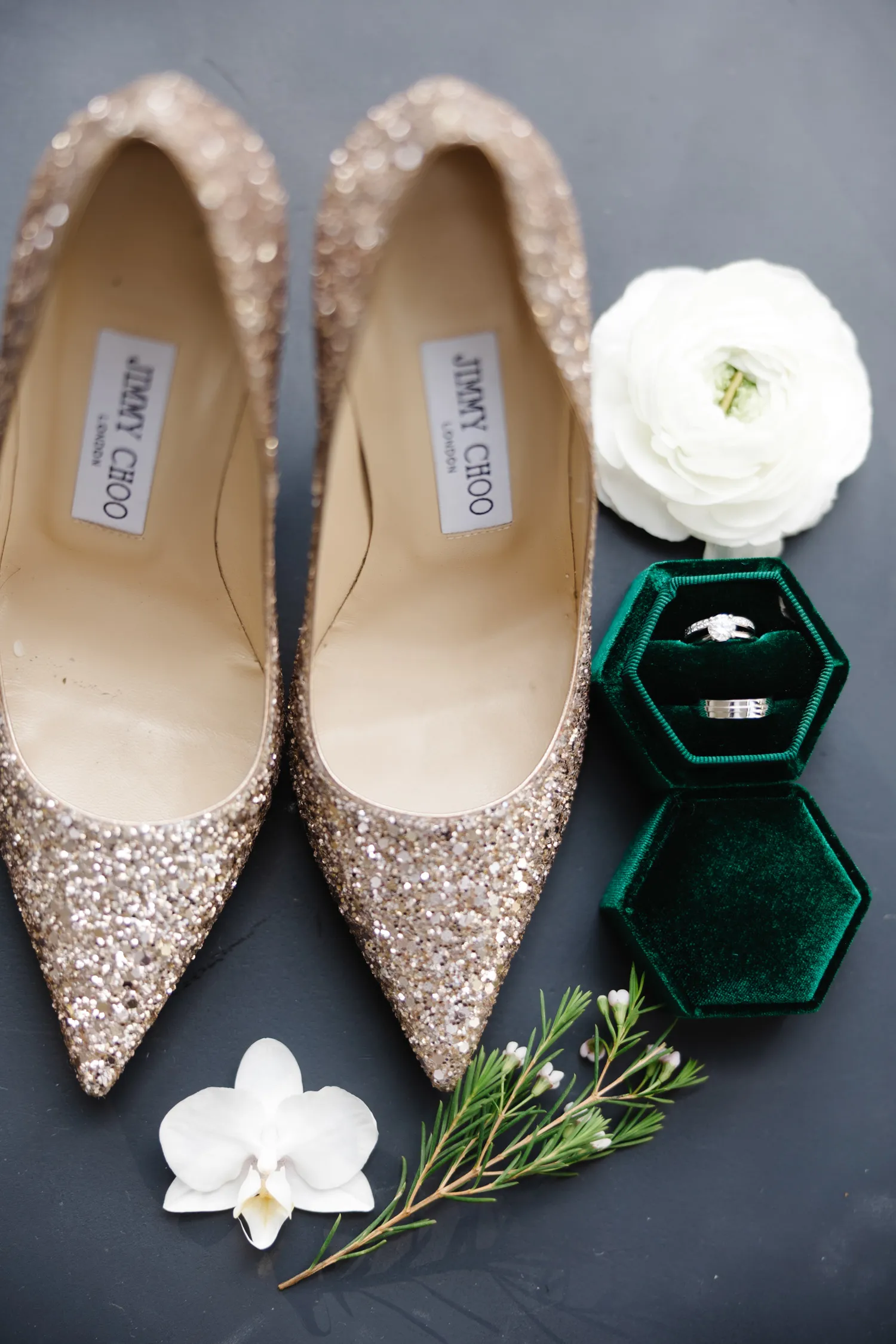 Sparkly wedding heels with white flower