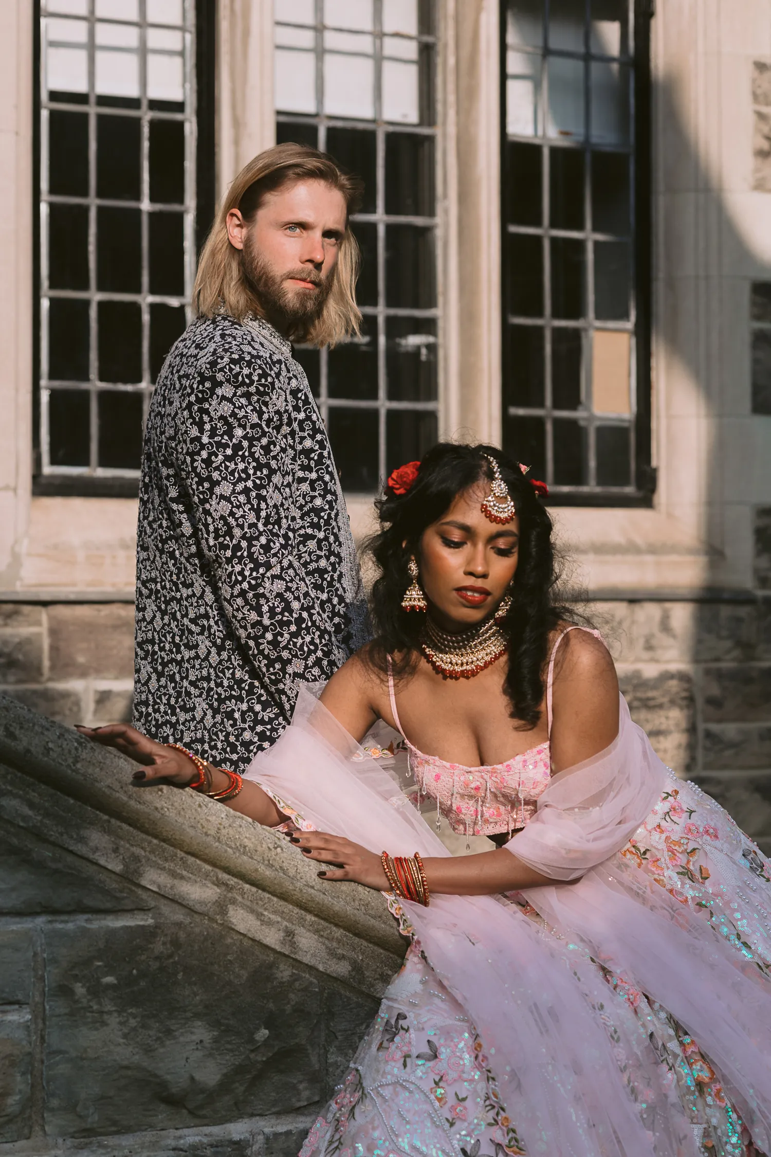 Trinity College engagement photo with couple in traditional outfits