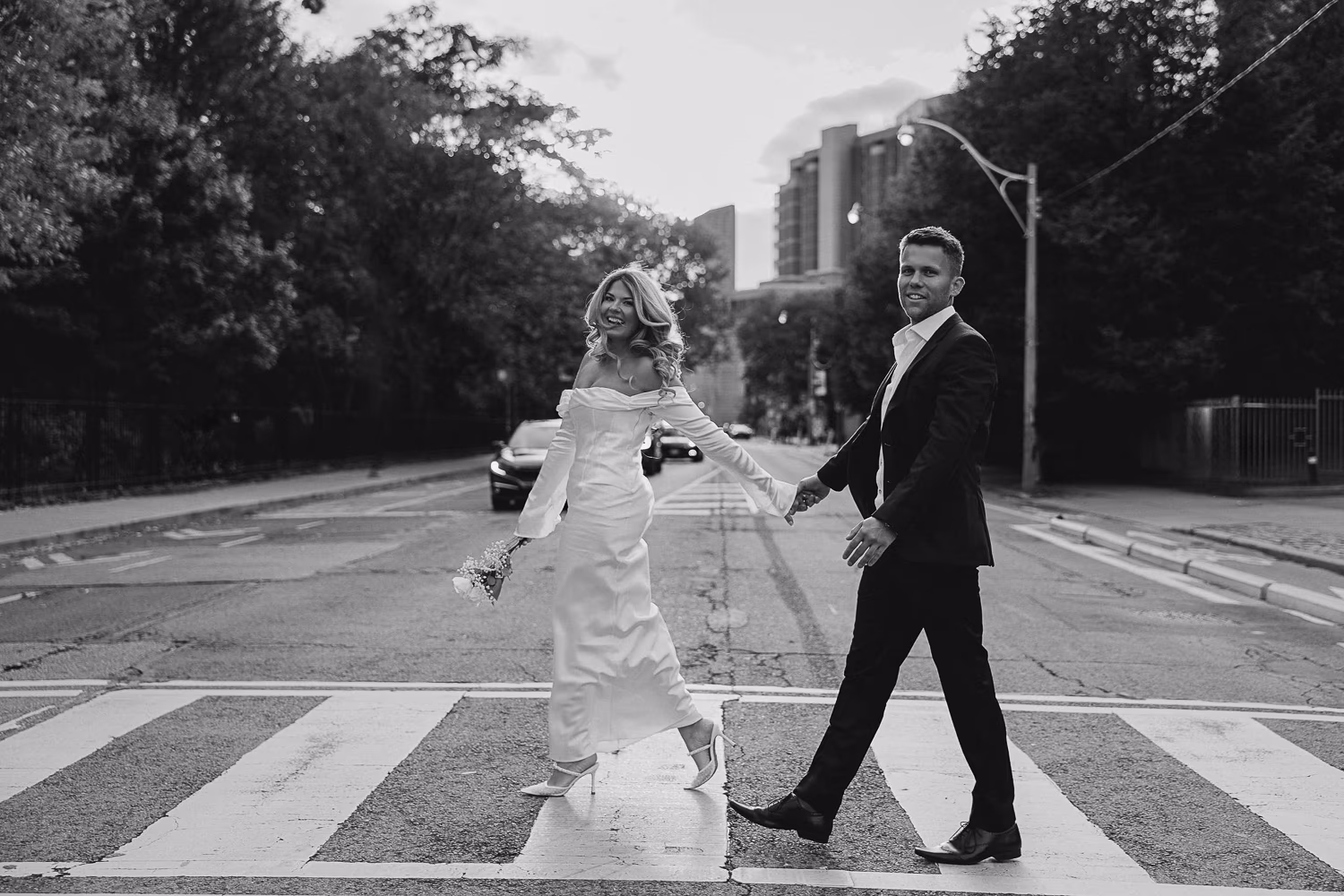 Elegant black and white pre-wedding photography at UofT