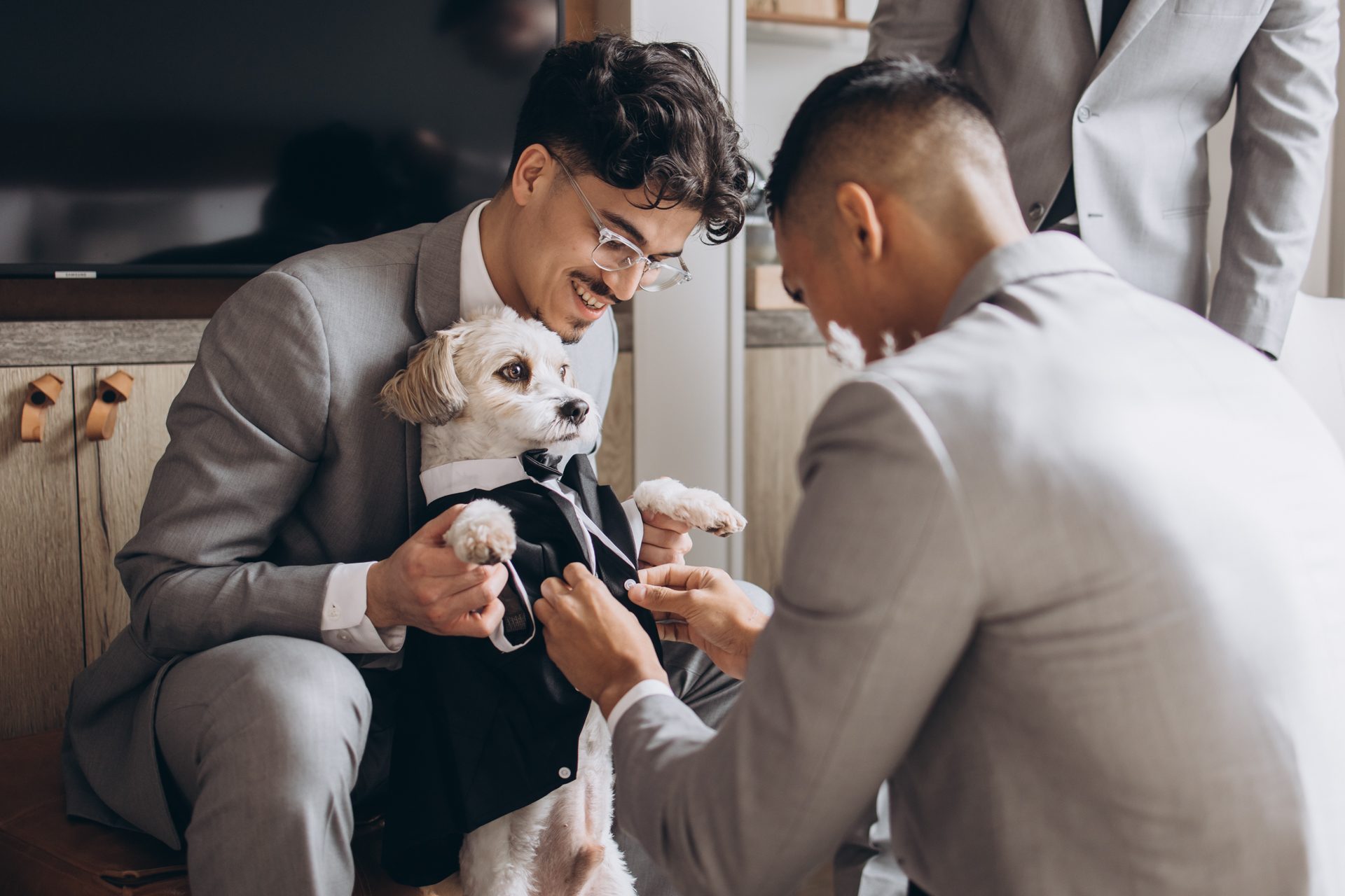 groomsmen with a dog photo idea